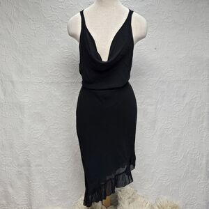 Sexy Sheer Little Black Dress Emily D Small Low Cowl Asymmetric Ruffle Skirt Tie